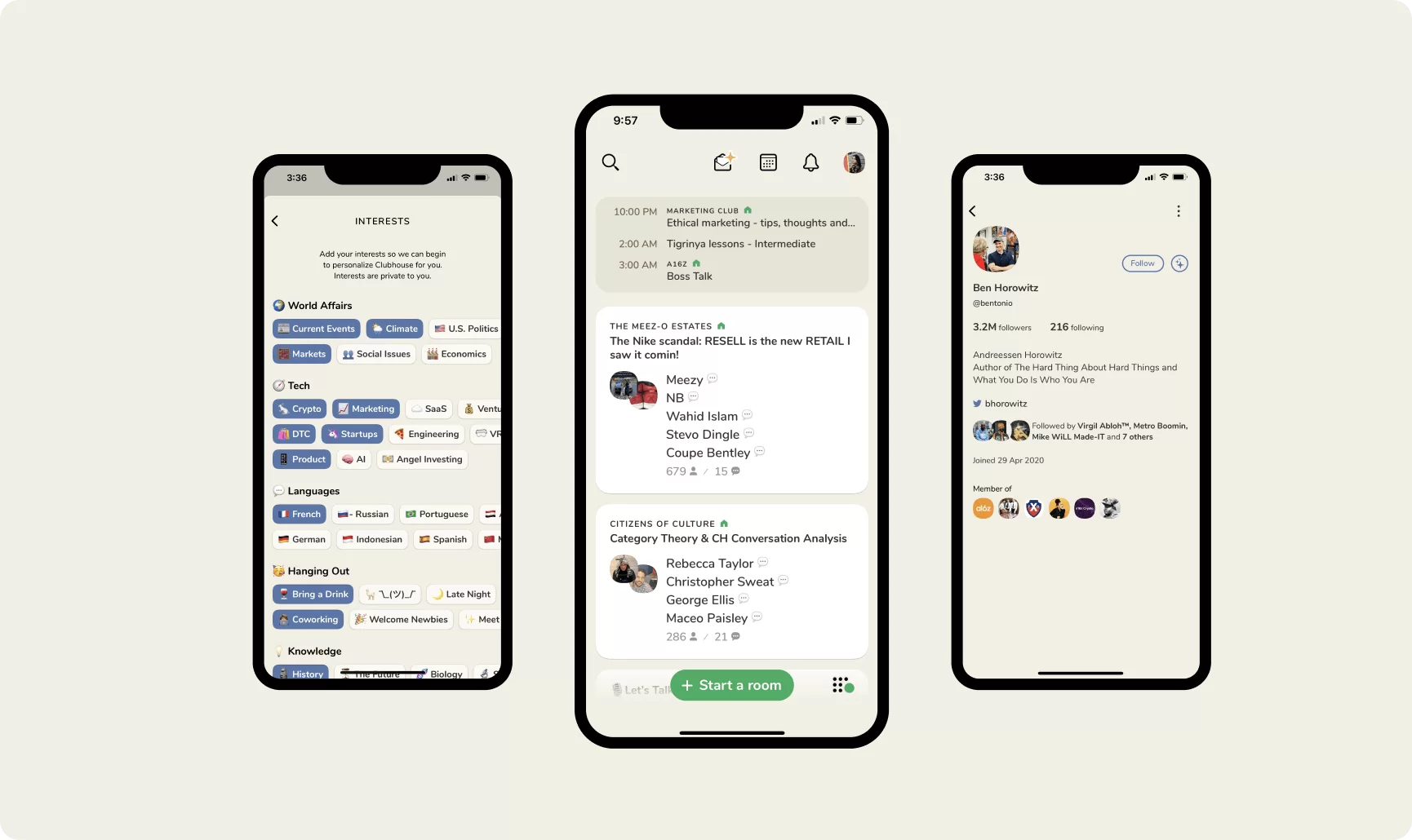 Clubhouse sections: user profile, interests, and main feed