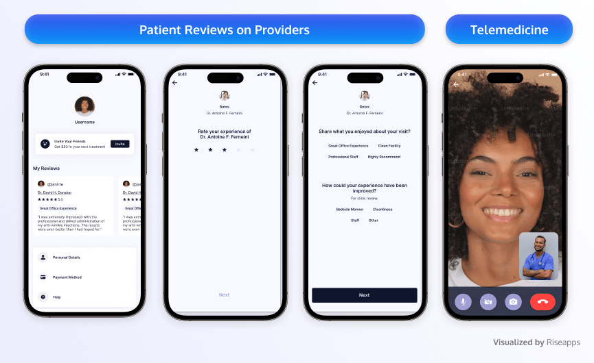Patient Reviews on Providers, Services checkout, Telemedicine Riseapps